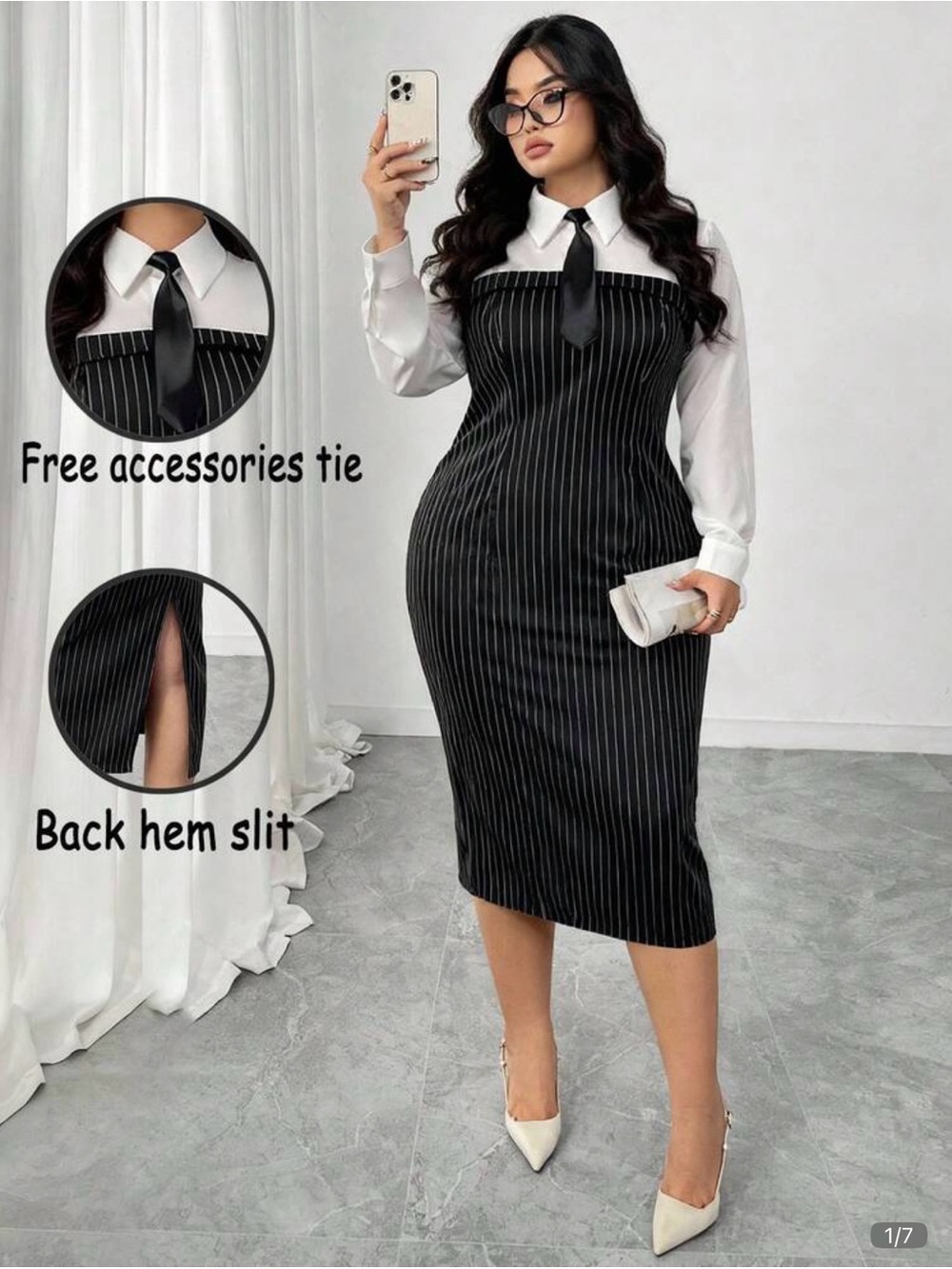 New Arrivals! Pinstripe Black & White Shirt Dress with Tie